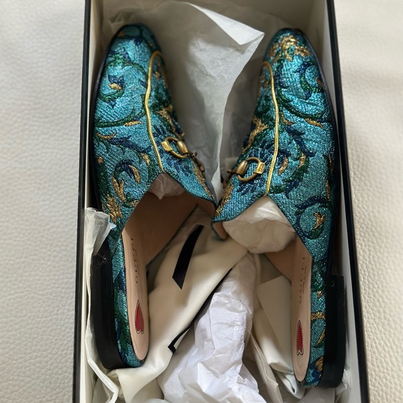 Gucci Princetown Slipper Slides Blue Gold Horsebit Mule - Picture 6 of 7